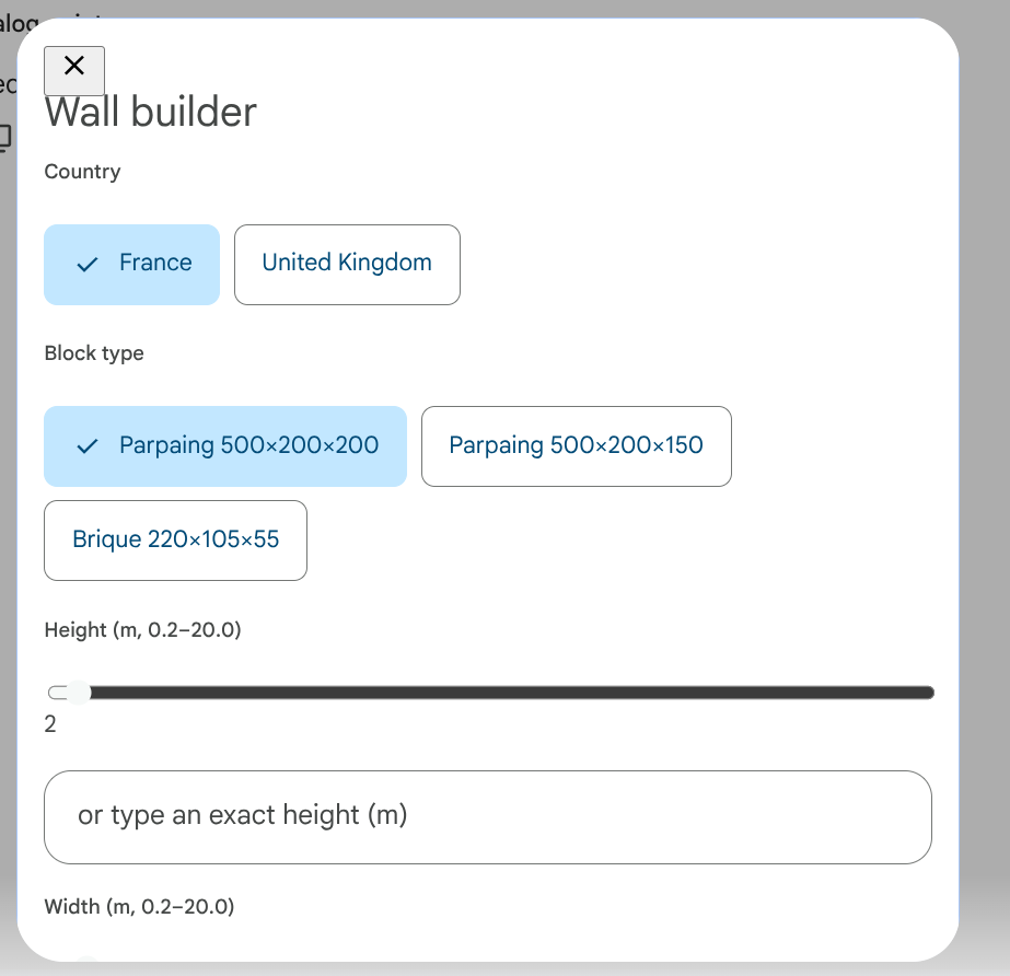 Wall builder configurator: country and block-type chips, a height slider and text field