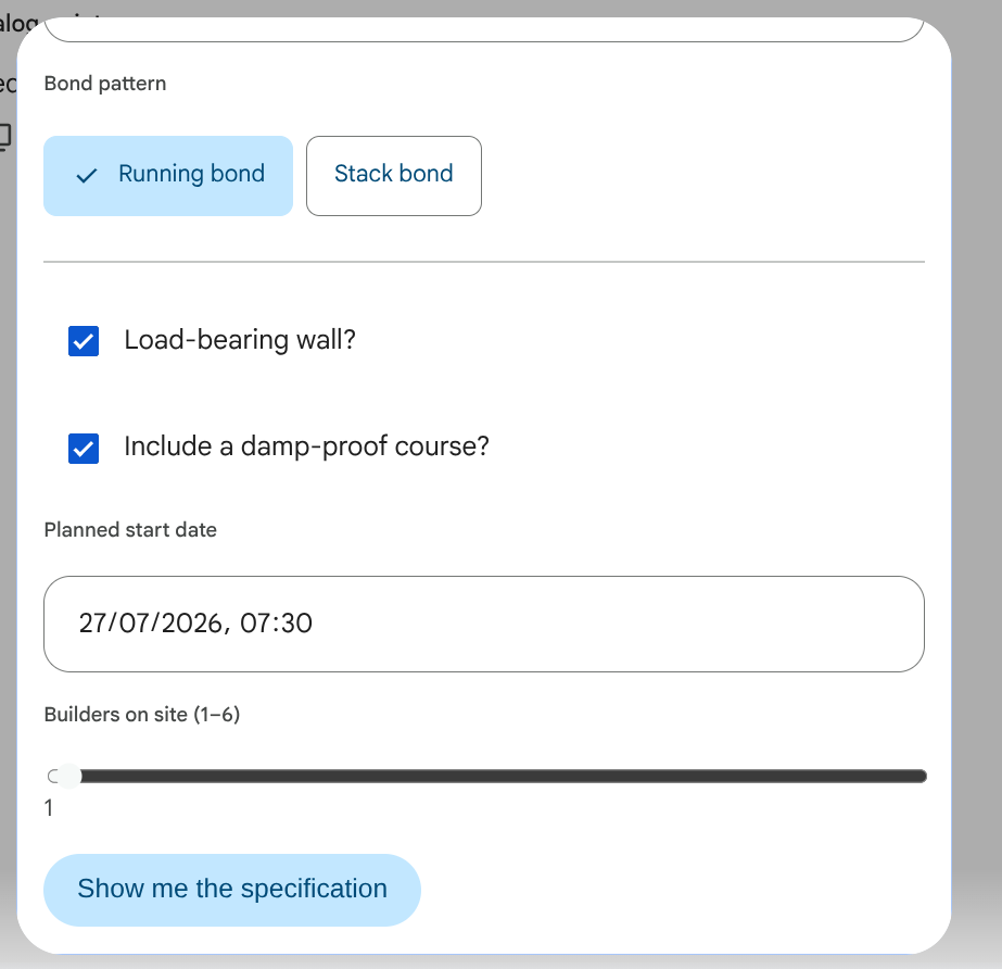 Wall builder configurator scrolled down: bond pattern, load-bearing and damp-proof-course checkboxes, planned start date, builders slider, and a Show me the specification button