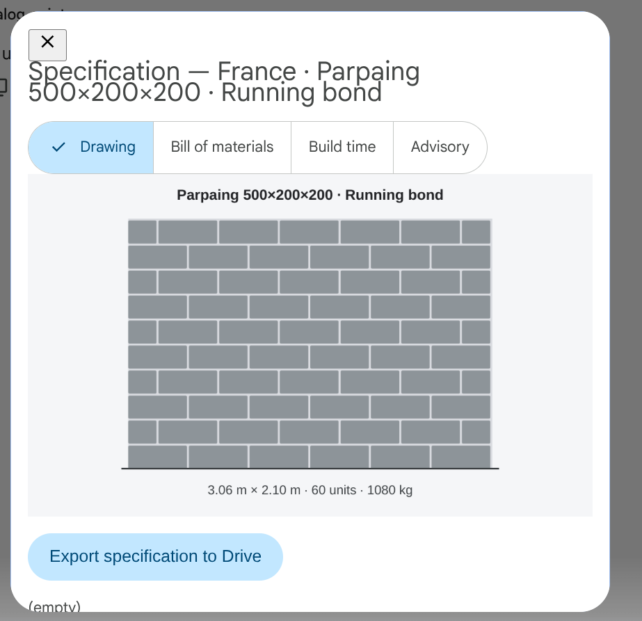 Wall builder result: a server-rendered brick elevation SVG under a Drawing / Bill of materials / Build time / Advisory tab strip