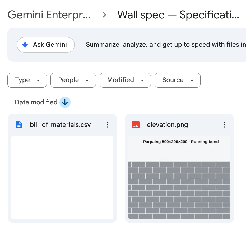 The real Google Drive folder the export produced, showing bill_of_materials.csv and elevation.png