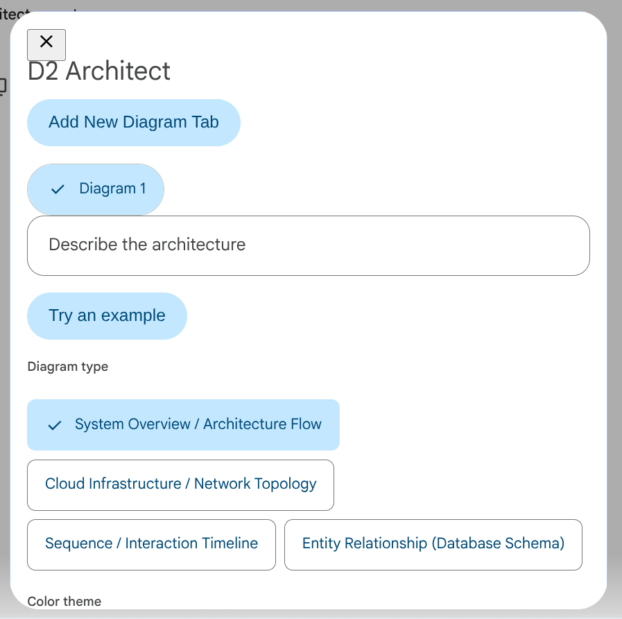 D2 Architect form: description field, Try an example button, diagram type chips