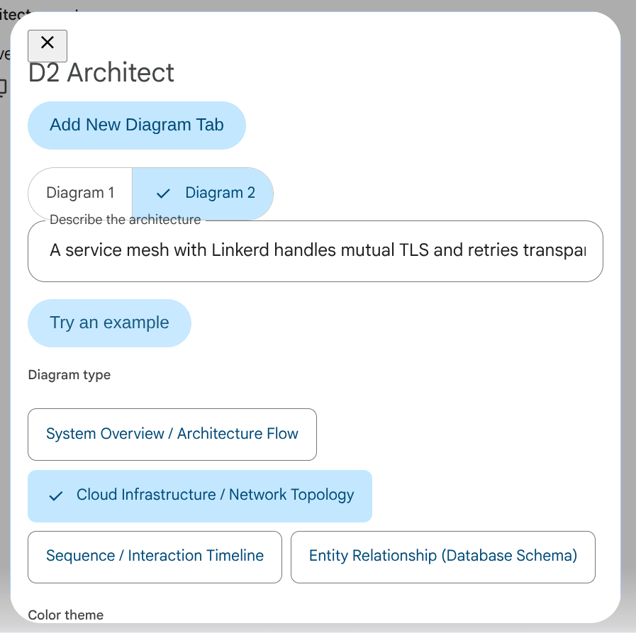 D2 Architect with a second Diagram 2 tab open, independently filled via Try an example with a service mesh scenario