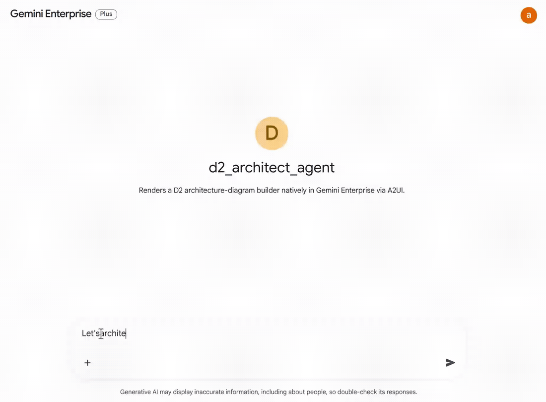Live screen recording of the D2 Architect demo in Gemini Enterprise