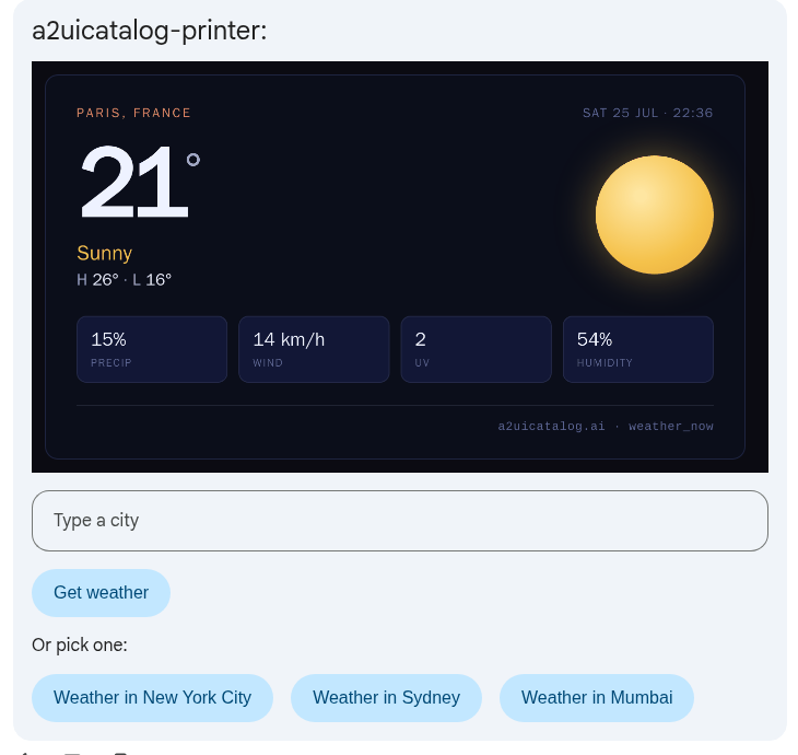 A Gemini Enterprise card showing a baked Paris weather forecast image above a native Type-a-city text field, a Get weather button, and a row of city buttons.