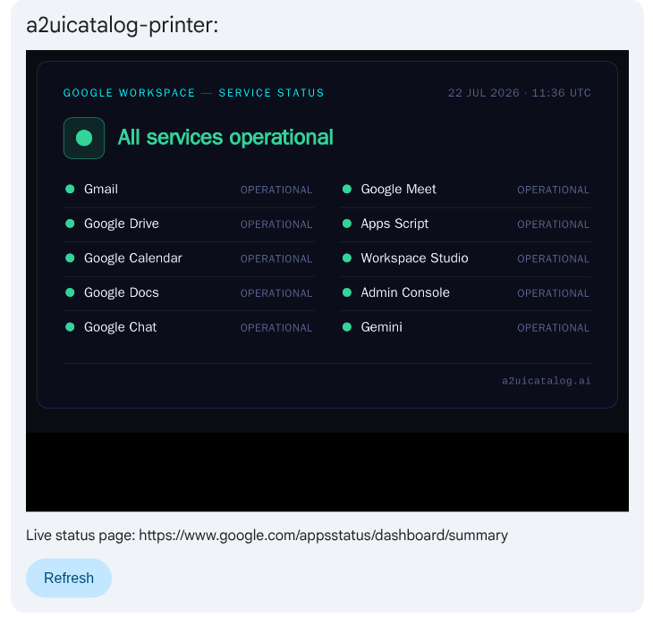 A Gemini Enterprise card showing a baked Google Workspace service-status dashboard image above a native Text link and a Refresh button.