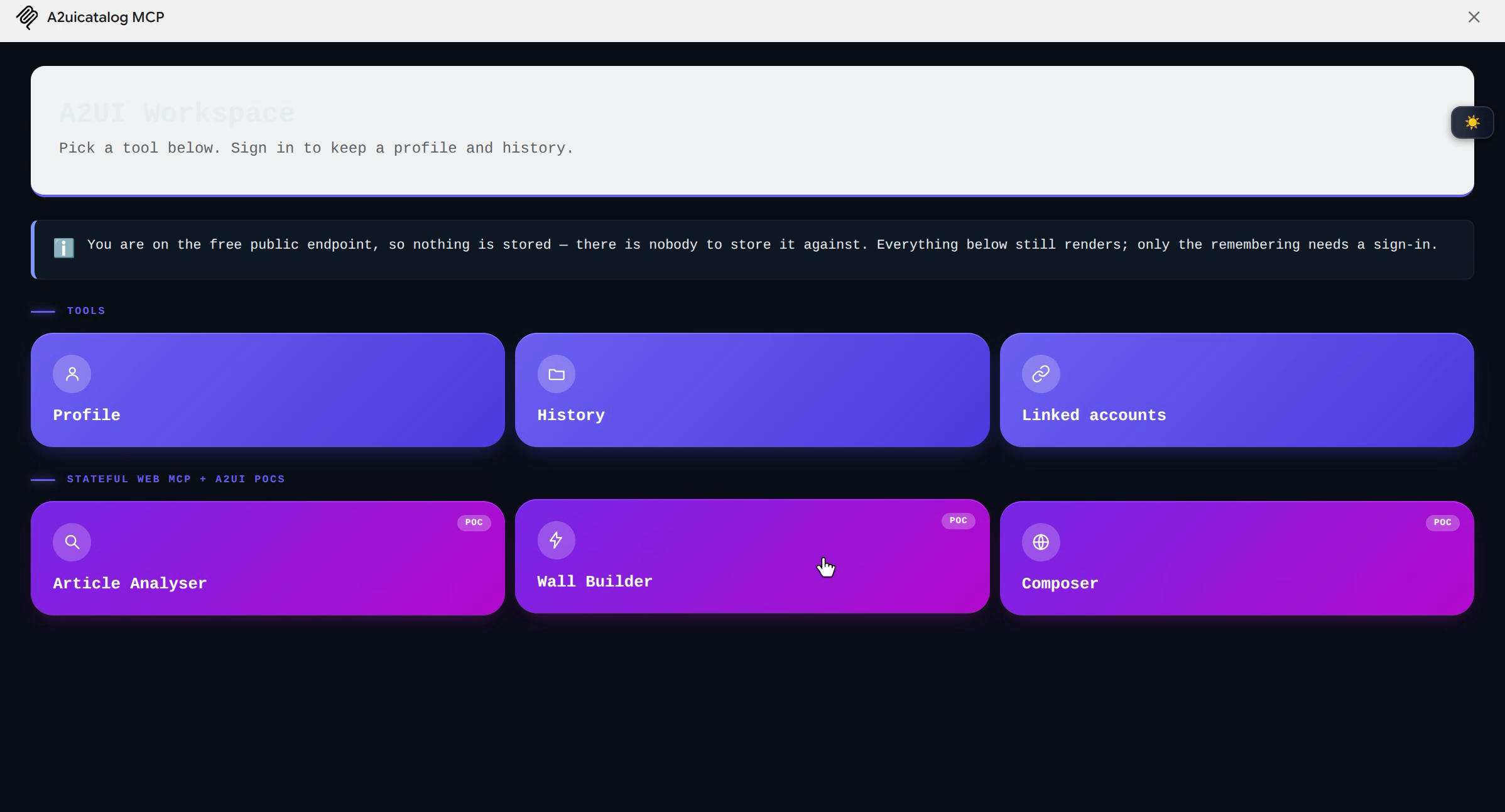 Gemini Enterprise chat rendering the A2UI Workspace home screen inline: Profile, History, Linked accounts, Article Analyser, Wall Builder, and Composer as tool tiles