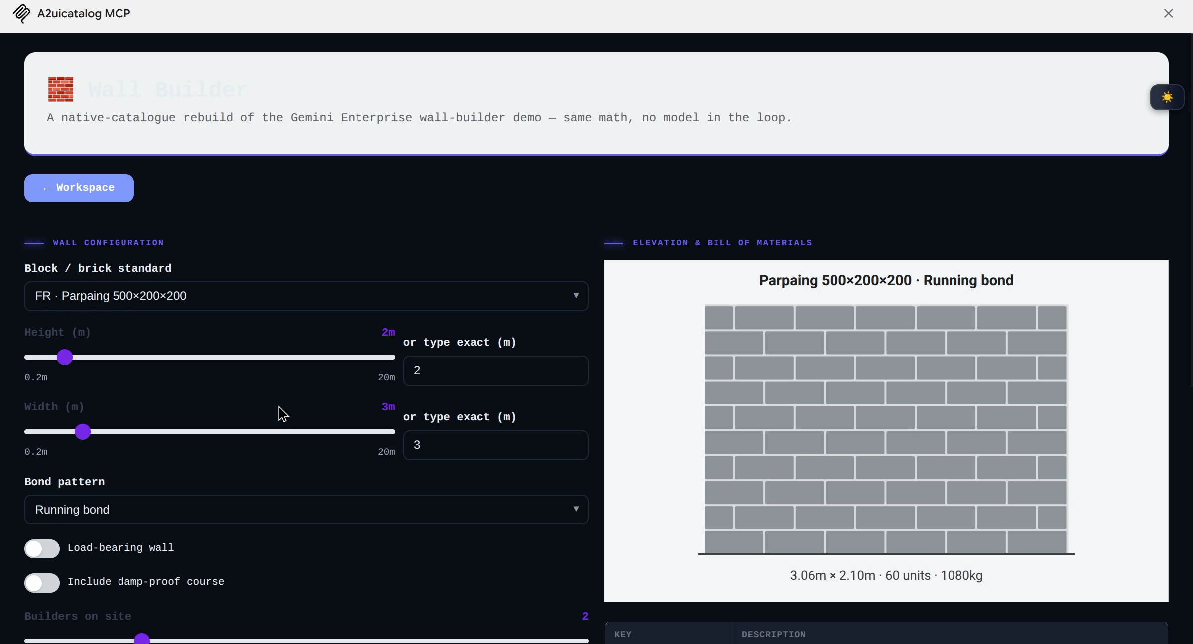 Wall Builder rendered inline in Gemini Enterprise: wall configuration sliders and dropdowns on the left, a live brick-elevation SVG with dimensions and unit count on the right