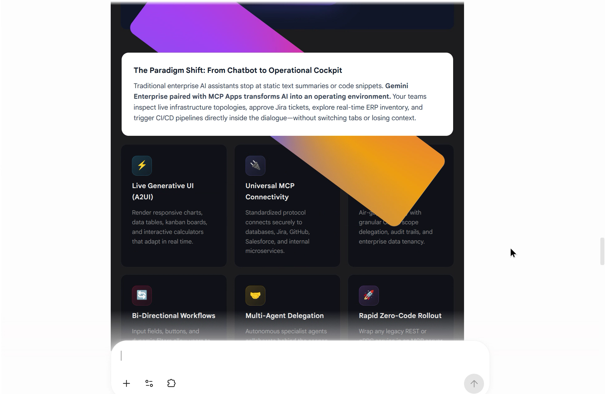 Gemini Enterprise chat rendering an ad-hoc composed landing page: "The Paradigm Shift: From Chatbot to Operational Cockpit" callout above a six-card feature grid — Live Generative UI, Universal MCP Connectivity, Enterprise-Grade Security, Bi-Directional Workflows, Multi-Agent Delegation, Rapid Zero-Code Rollout