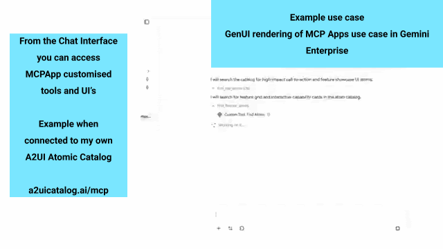 Looping screen capture of the whole Demo 3 exchange in Gemini Enterprise: the prompt, the tool-call chain narrated step by step, and the finished CTA page scrolling past, ending on a pointer to this blog