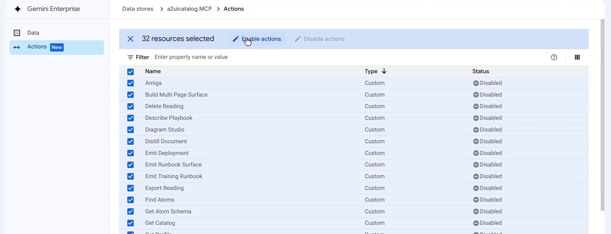 Actions tab with all 32 discovered tools selected and the Enable actions button highlighted, before any of them are turned on