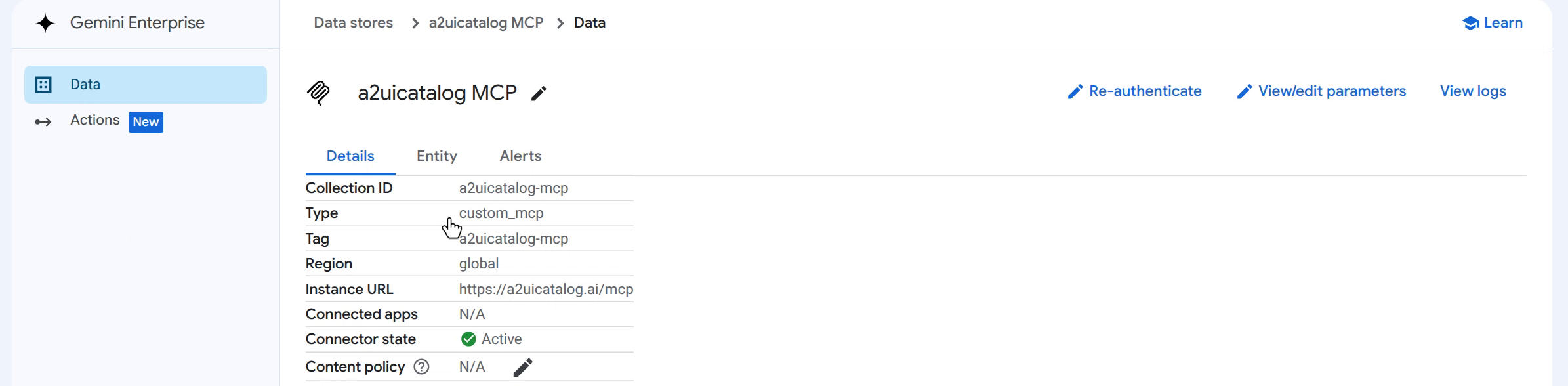 Discovery Engine data store detail page for the registered a2uicatalog MCP connector: Collection ID a2uicatalog-mcp, Type custom_mcp, Instance URL https://a2uicatalog.ai/mcp, Connector state Active
