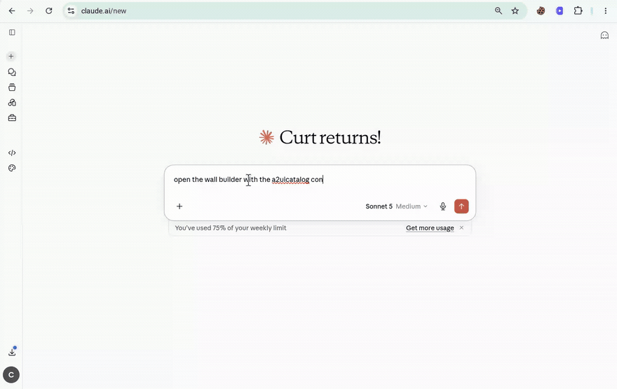 Screen recording: the Wall Builder app opening full-screen inside Claude.ai, rendered entirely from an A2UI payload