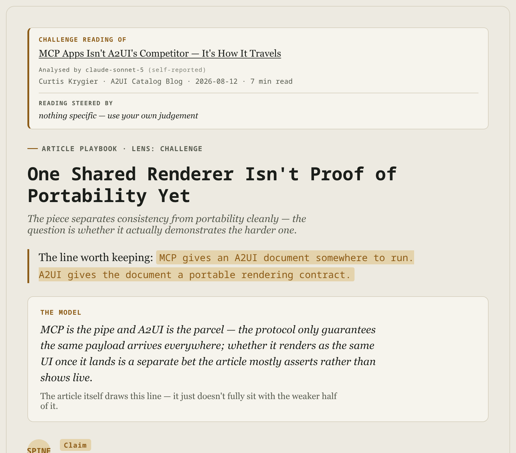 The rendered A2UI analysis surface: a source-attribution bar for part 1, the title "One Shared Renderer Isn't Proof of Portability Yet", and a mental-model card reading "MCP is the pipe and A2UI is the parcel."
